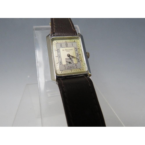 204 - A VINTAGE ART DECO STYLE LE CHEMMANT RECTANGULAR WRISTWATCH, in fitted leather covered case, 3 x 2.5... 