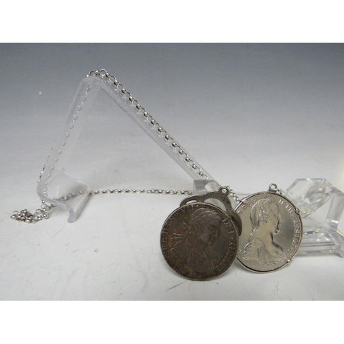 225 - A MARIA THERESA THALER ON MARKED SILVER CHAIN, together with Ferdinand VII Thaler 1809 (2)