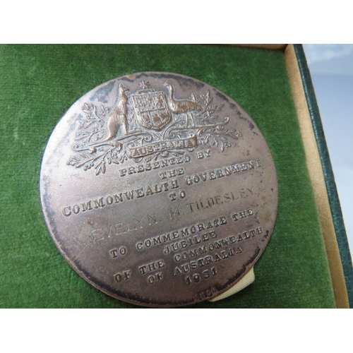 227 - AUSTRALIA CASED 1901-1951 JUBILEE OF THE COMMONWEALTH MEDAL, awarded to Evelyn M. Tildesley, along w... 