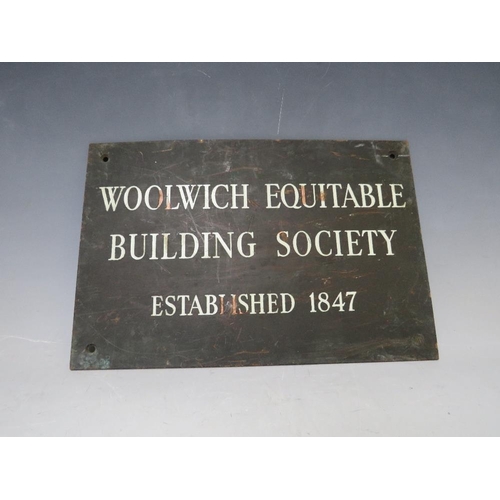 275 - A VINTAGE METAL PLAQUE FOR THE WOOLWICH EQUITABLE BUILDING SOCIETY EST. 1847, 20 x 30 cm