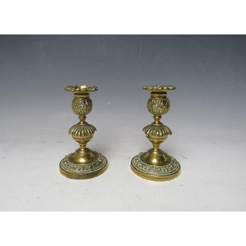 284 - A PAIR OF 19TH CENTURY GILT BRONZE CANDLESTICKS, H 13 cm, base Dia. 8 cm