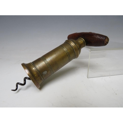 285 - A 19TH CENTURY BRASS PATENT CORKSCREW, with wooden handle