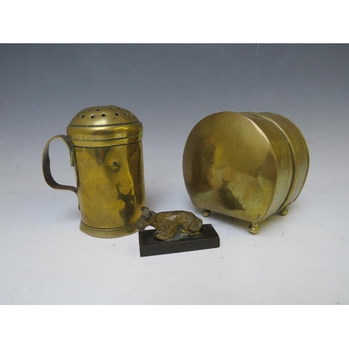 287 - A 19TH CENTURY BRASS BOX / LAMP, together with a late 18th / early 19th century brass flour dredger ... 