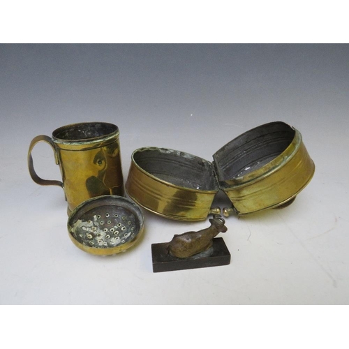 287 - A 19TH CENTURY BRASS BOX / LAMP, together with a late 18th / early 19th century brass flour dredger ... 