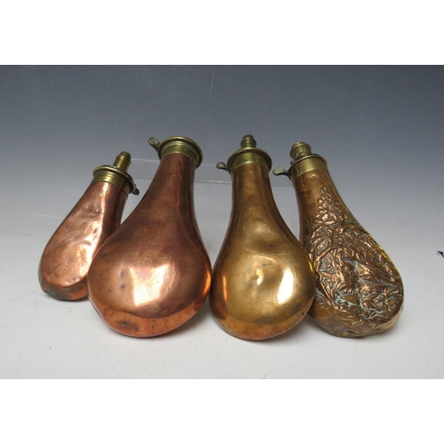 288 - FOUR 19TH CENTURY COPPER POWDER FLASKS, average L 20 cm