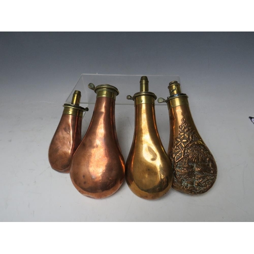 288 - FOUR 19TH CENTURY COPPER POWDER FLASKS, average L 20 cm