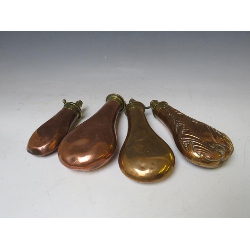 288 - FOUR 19TH CENTURY COPPER POWDER FLASKS, average L 20 cm