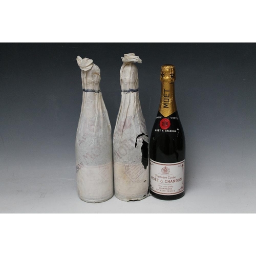 291 - 3 BOTTLES OF MOET & CHANDON CHAMPAGNE, two in original tissue wrap with personal sticker on written ... 