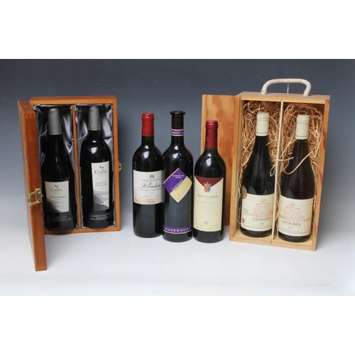 293 - 7 BOTTLES OF MAINLY RED WINE CONSISTING OF A WOODEN GIFT SET PAIR OF DOMAINE DE LA BASTIDE COTES DU ... 