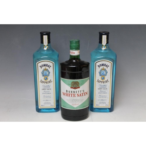 299 - 2 LITRE BOTTLINGS OF BOMBAY SAPPHIRE GIN, together with 1 bottle of Burnett's 'White Satin' London d... 