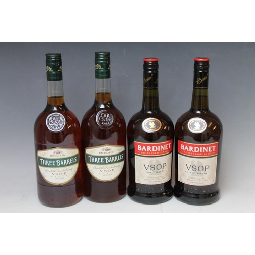 300 - 2 ONE LITRE BOTTLINGS OF THREE BARRELS V.S.O.P BRANDY, together with 2 one litre bottlings of Bardin... 