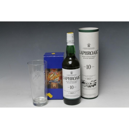 306 - 1 BOTTLE OF LAPHROAIG 10 YEARS OLD ISLAY SINGLE MALT WHISKY, together with a 'cask ales' glass (2)