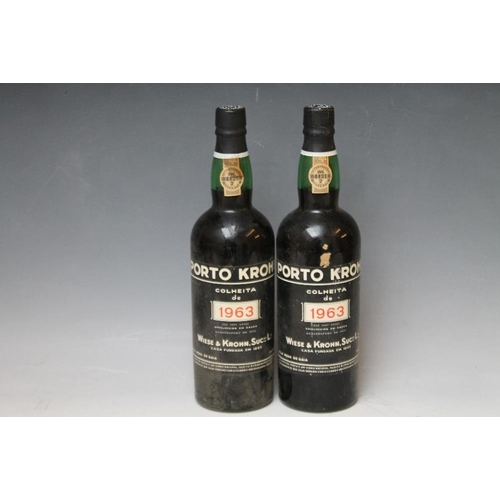 308 - 2 BOTTLES OF PORTO KROHN COLHEITA DE 1963 PORT,  both mid to lower neck