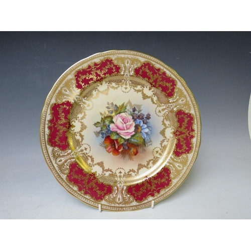 337 - AN AYNSLEY CABBAGE ROSE PATTERN CABINET PLATE SIGNED J.A. BAILEY, with floral pattern to centre and ... 