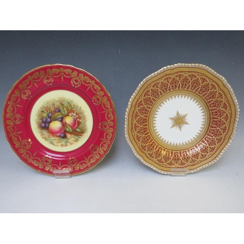 341 - AN AYNSLEY CABINET PLATE WITH FRUIT DESIGN SIGNED D. JONES , together with a Coalport cabinet plate ... 