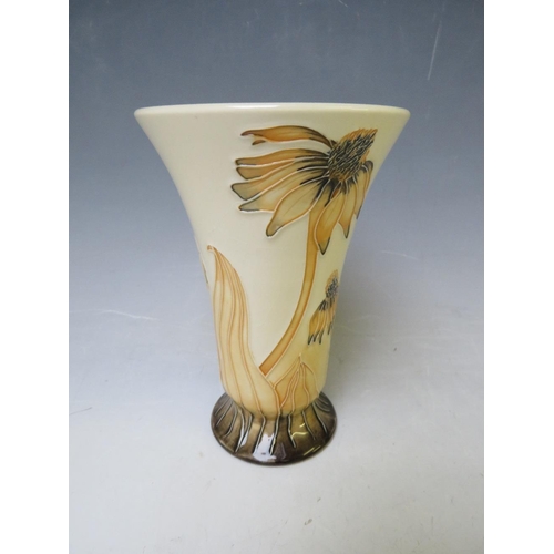 349 - A MOORCROFT POTTERY FLARED VASE, with tubelined floral sprays on a beige ground, marks and signature... 