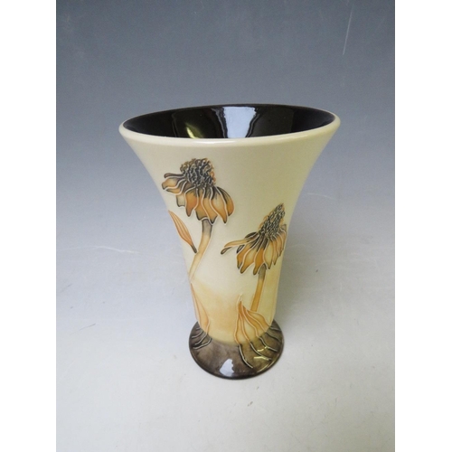 349 - A MOORCROFT POTTERY FLARED VASE, with tubelined floral sprays on a beige ground, marks and signature... 