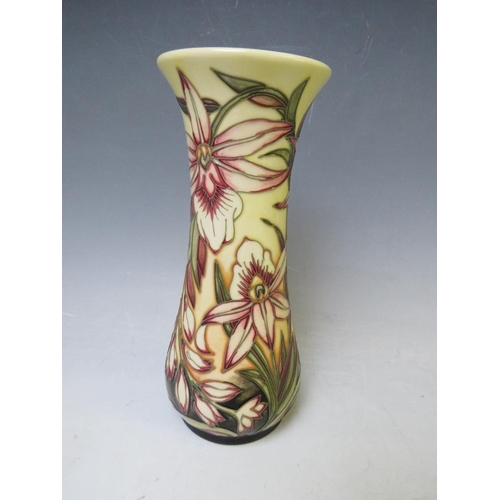 350 - A MOORCROFT POTTERY VASE BY SHIRLEY HAYES, with tube lined floral sprays on a beige ground, marks an... 