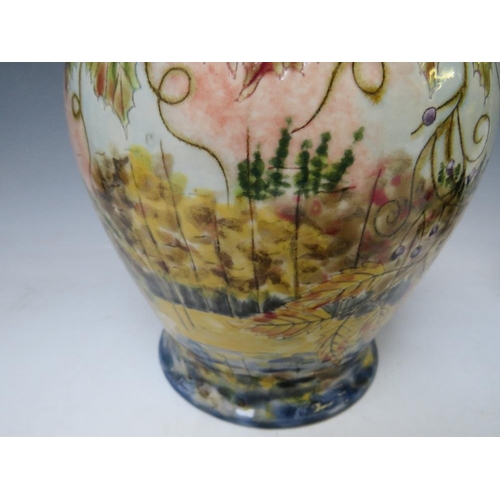 353 - A COBRIDGE LARGE BALUSTER VASE, decorated with Autumnal scenes, impressed factory mark and '02, sign... 