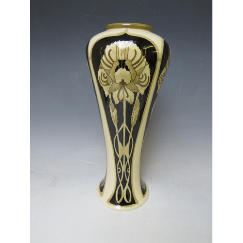 354 - A COBRIDGE TALL SLENDER BALUSTER VASE, decorated with panels of Art Nouveau flowers, on and ivory bo... 