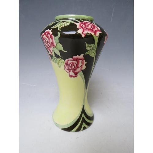 355 - A BLACK RYDEN SLENDER TRIAL VASE, decorated with a floral pattern around the rim, impressed factory ... 