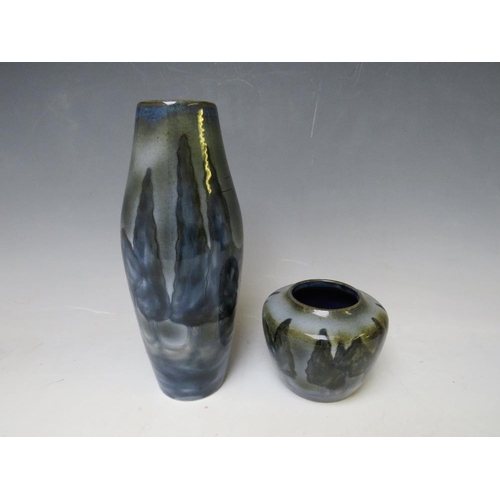 356 - A COBRIDGE SLENDER VASE AND SQUAT VASE, both decorated with a moonlit pattern, impressed factory mar... 