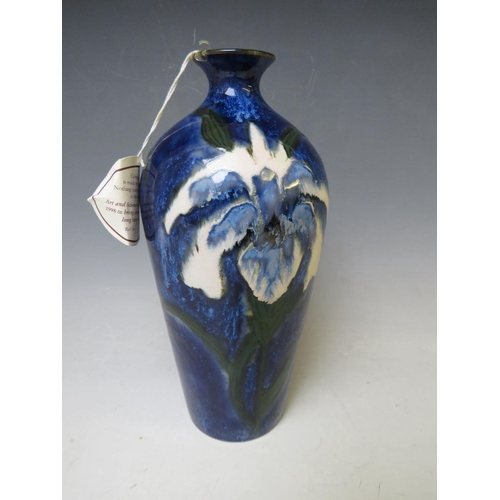 358 - A COBRIDGE TRIAL BALUSTER VASE, decorated with blue floral pattern, impressed factory marks, H 24 cm