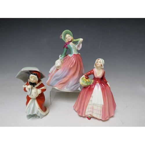 367 - THREE ROYAL DOULTON FIGURINES, comprising 'Autumn Breezes', H 20 cm, Janet, H 17 cm, and Miss Muffet... 