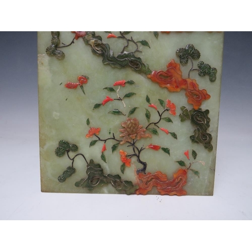 378 - A 19TH CENTURY ORIENTAL DECORATIVE JADE AND HARDSTONE PLAQUE, 25 x 18.5 cm