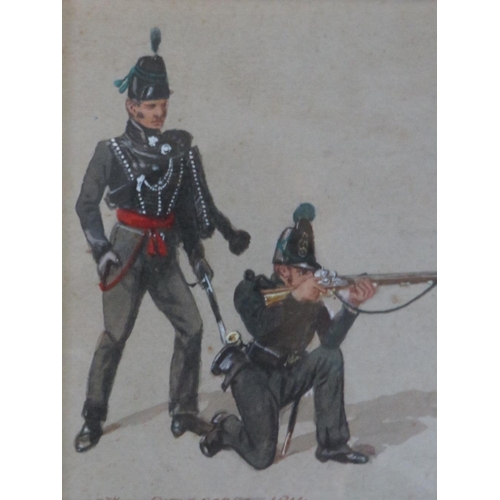 39 - XIX). A study of two military figures 'The 95th or Rifle Corps 1814', unsigned, watercolour, framed ... 