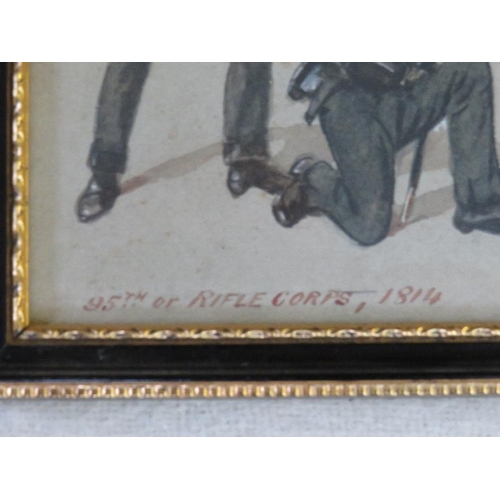 39 - XIX). A study of two military figures 'The 95th or Rifle Corps 1814', unsigned, watercolour, framed ... 