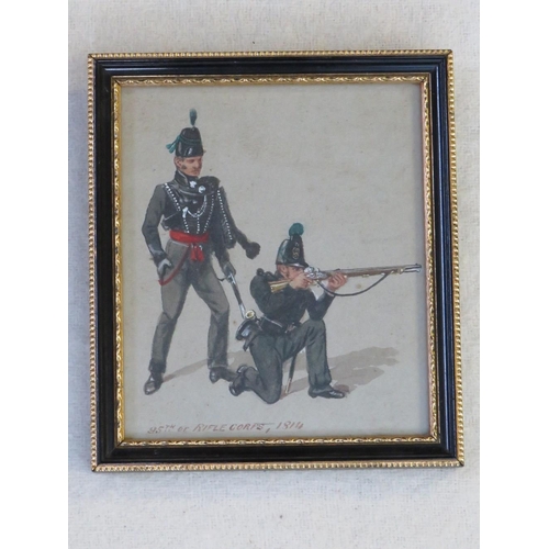 39 - XIX). A study of two military figures 'The 95th or Rifle Corps 1814', unsigned, watercolour, framed ... 