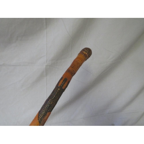 392 - A VINTAGE JAPANESE DECORATIVE CARVED BAMBOO MEIJI SWORD STICK, blade L 44 cm, overall L 91 cm