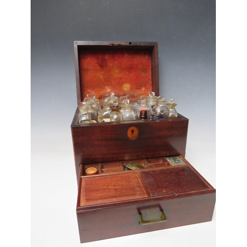 400 - A GEORGE III MAHOGANY APOTHECARY BOX, with drawer at base, containing various bottles and equipment,... 