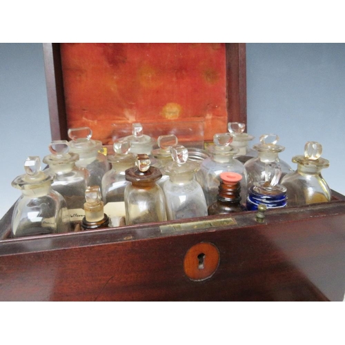 400 - A GEORGE III MAHOGANY APOTHECARY BOX, with drawer at base, containing various bottles and equipment,... 