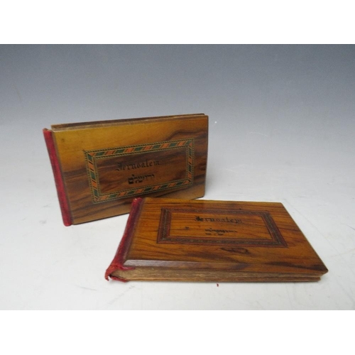 401 - TWO VICTORIAN OLIVE WOOD BOOKS FLOWERS OF THE HOLY LAND, Jerusalem, 10 x 16 cm each