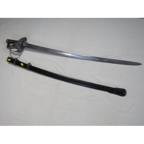 404 - A 19TH CENTURY ITALIAN CAVALRY SABRE, marked A & EW, in black painted steel scabbard