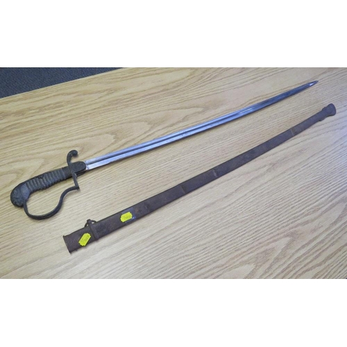 405 - A 19TH CENTURY CONTINENTAL ARTILLERY OFFICERS SWORD, (possibly German), in steel scabbard