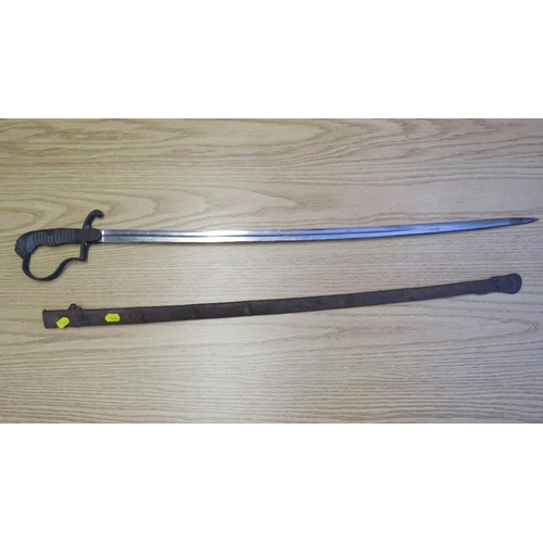 405 - A 19TH CENTURY CONTINENTAL ARTILLERY OFFICERS SWORD, (possibly German), in steel scabbard