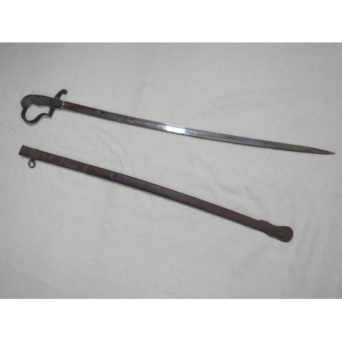 405 - A 19TH CENTURY CONTINENTAL ARTILLERY OFFICERS SWORD, (possibly German), in steel scabbard