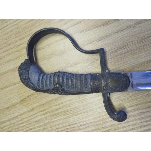 405 - A 19TH CENTURY CONTINENTAL ARTILLERY OFFICERS SWORD, (possibly German), in steel scabbard