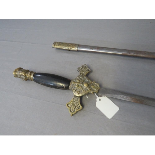 414 - AN EARLY 20TH CENTURY AMERICAN 'KNIGHTS OF COLUMBUS' DRESS SWORD, engraved blade, wooden grip with b... 