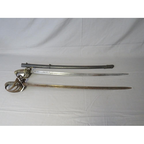 416 - A VICTORIAN 1845 PATTERN INFANTRY OFFICERS SWORD, with slightly curved single edge blade, VR cypher ... 