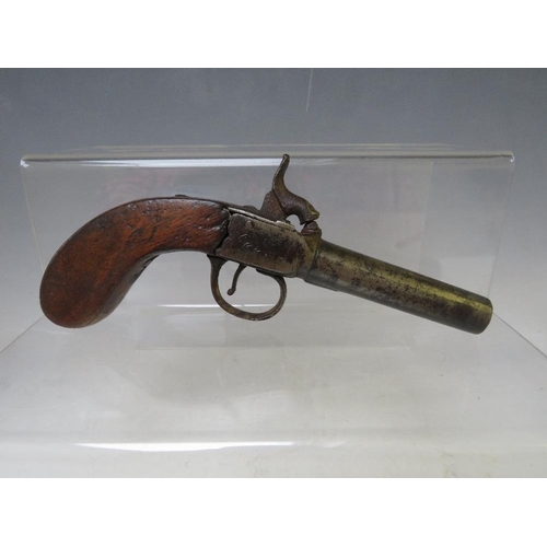 425 - A SMALL 19TH CENTURY PERCUSSION PISTOL, with wooden handle, barrel L 8 cm, overall L 18 cm