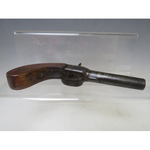 425 - A SMALL 19TH CENTURY PERCUSSION PISTOL, with wooden handle, barrel L 8 cm, overall L 18 cm