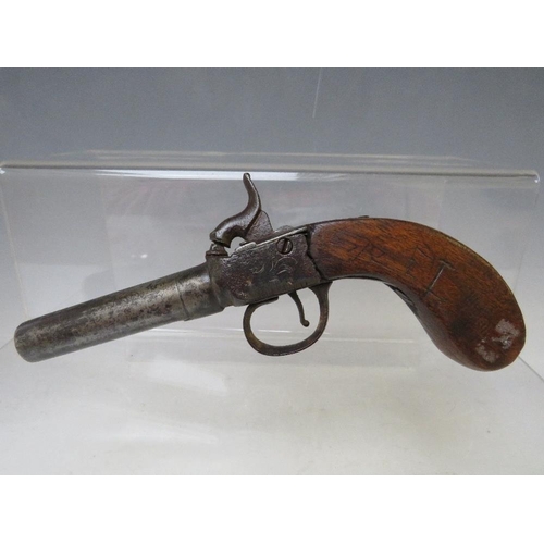 425 - A SMALL 19TH CENTURY PERCUSSION PISTOL, with wooden handle, barrel L 8 cm, overall L 18 cm