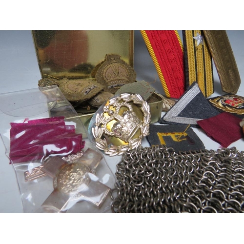 431 - A COLLECTION OF MILITARY BADGES, EPAULETTE'S, reproduction German gallantry medals etc.