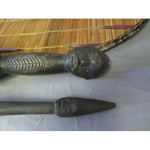 437 - AN EAST AFRICAN UGANDA GANDA WICKER SHIELD WITH HANDLE, a large Zulu porridge spoon, a West African ... 