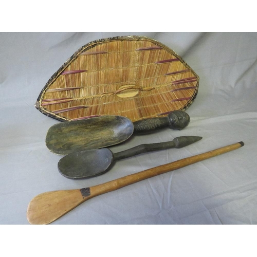 437 - AN EAST AFRICAN UGANDA GANDA WICKER SHIELD WITH HANDLE, a large Zulu porridge spoon, a West African ... 