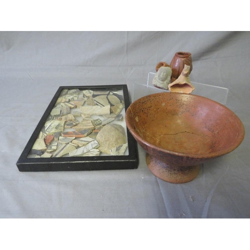 438 - PRE COLUMBIAN POTTERY BOWL, PIPE BOWL, STONE HEAD, and a collection of native American framed glazed... 